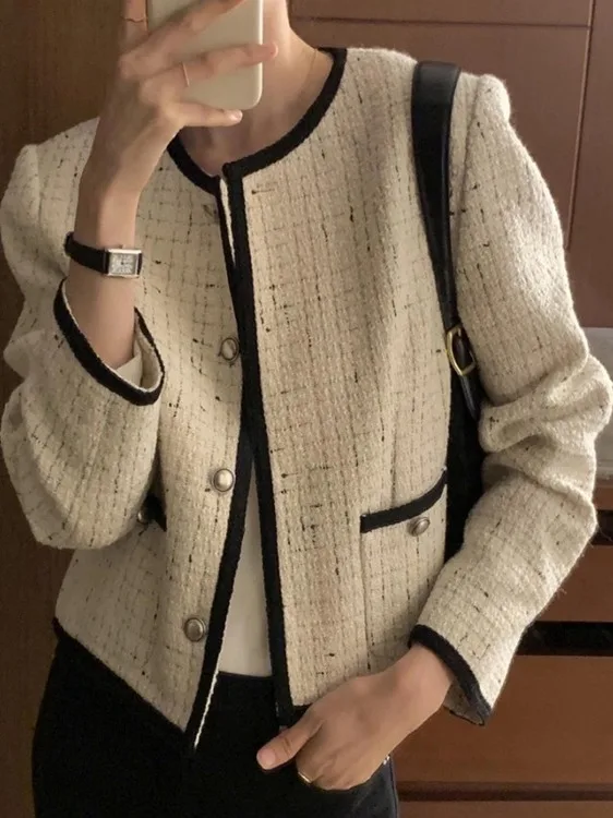

Женская длинная теплая одежда в стиле ретро Tweed Color Blo ort Jaet, круглый топ Ne Top Ele, корейская свободная осенняя верхняя одежда