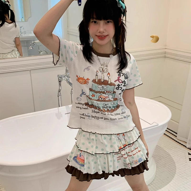 Japanese Design Brown Green Polka Dot Color Block Women's Cake Skirt New Sweet Cute Age-Reducing High Waist Mini Skirts Ladies