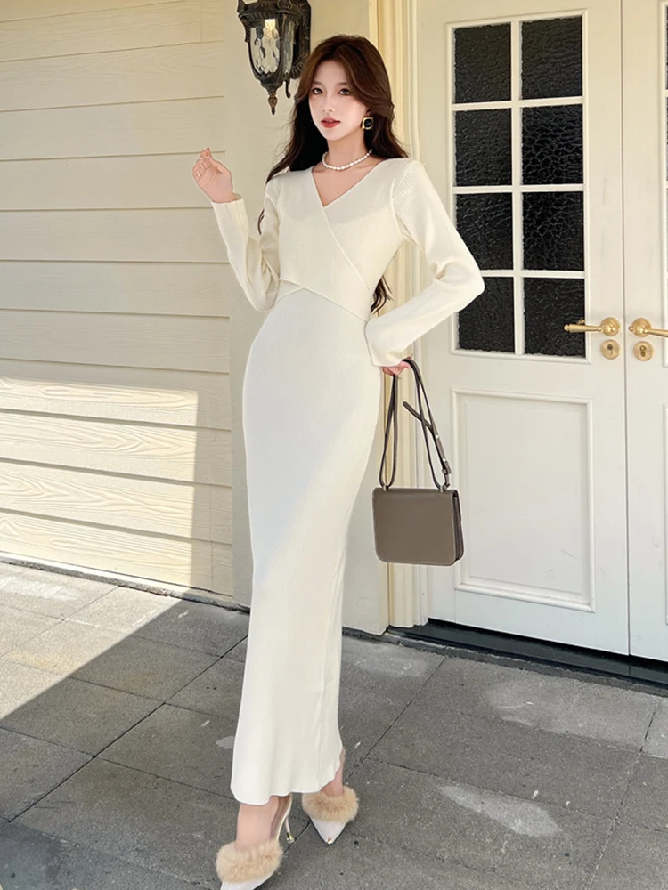 Frauen Straße Kleidung Pullover Beiläufige Gestrickte Einfache Feste V-ausschnitt Dünne Bodycon Maxi Lange Kleid Elegante Dame Mode Vestido Robe