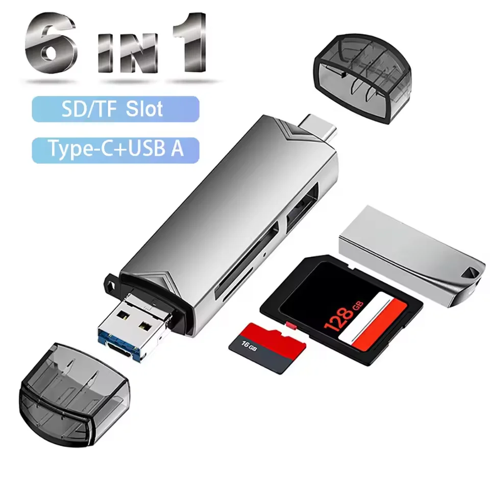 

Адаптер OTG для чтения карт памяти 6-в-1 USB 3.0, устройство чтения карт памяти Type-C/Micro USB/USB к TF SD U-Disk для телефона и ноутбука