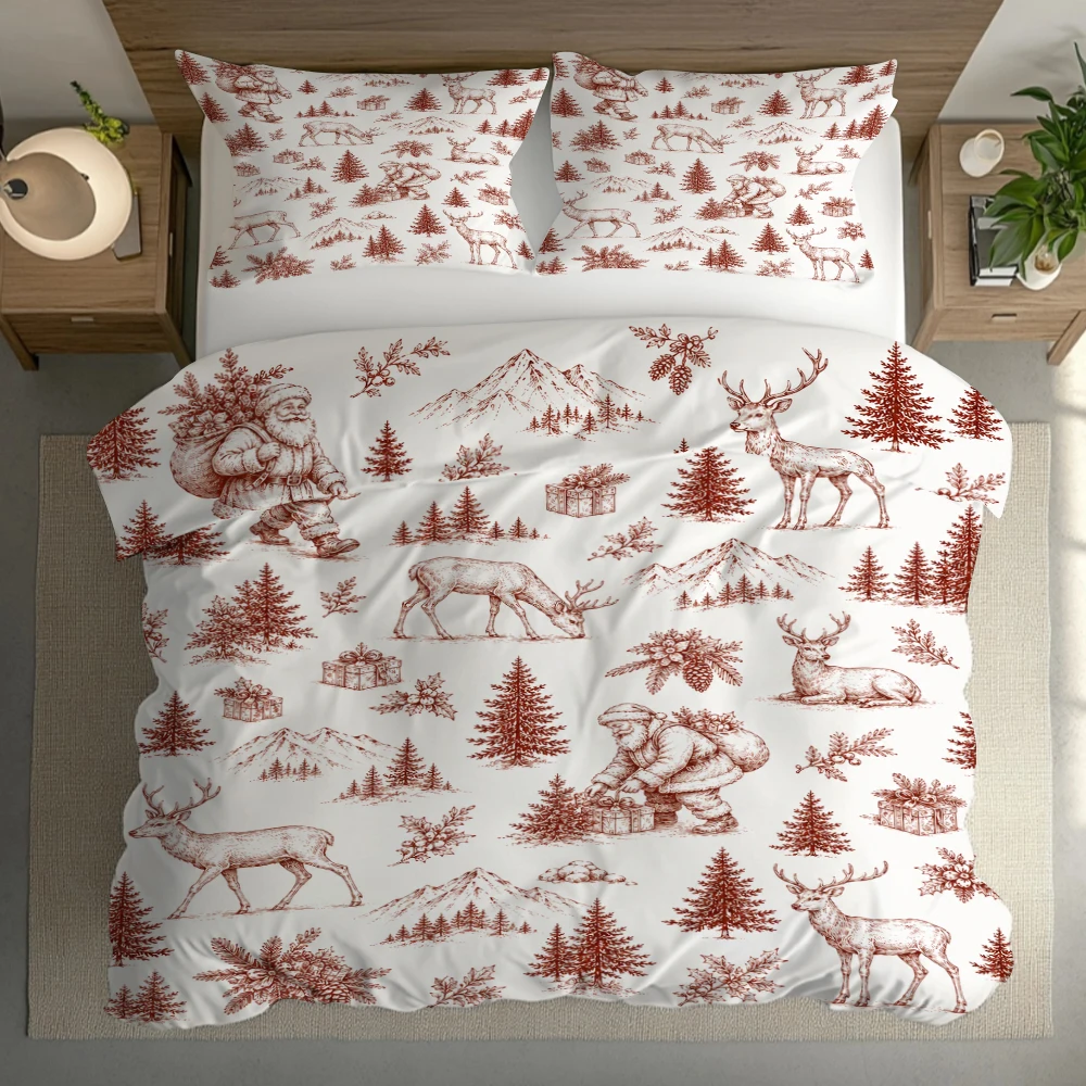 Christmas  Retro Duvet Cover Set Reindeer Santa Claus Bedding Set Comforter Cover Home Decoration Best Gifts