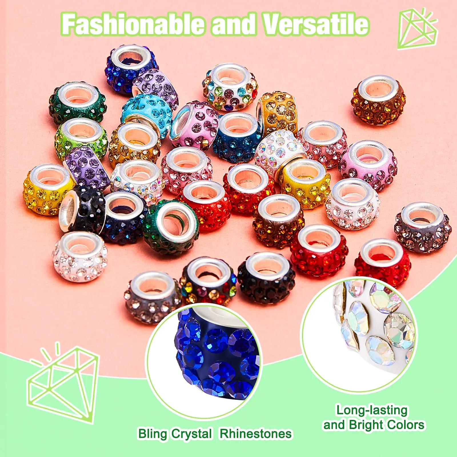 20/50/120pcs of Rhinestone European beads Crystal charm beads with large holes spacer beads for DIY bracelets earrings 20 colors