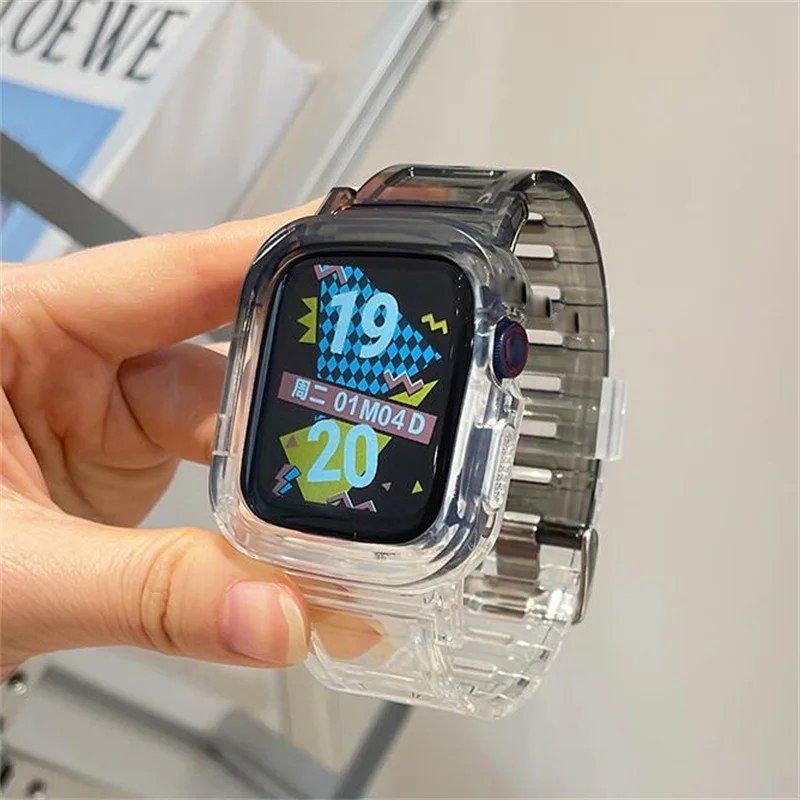 แถบบล็อกสีน่ารัก + เคสเหมาะสำหรับนาฬิกา Apple ซีรี่ส์8 7 6 SE 5 45มม. 44มม. 42มม. 41มม. โปร่งใสสำหรับ iWatch 3 38มม. 40มม.