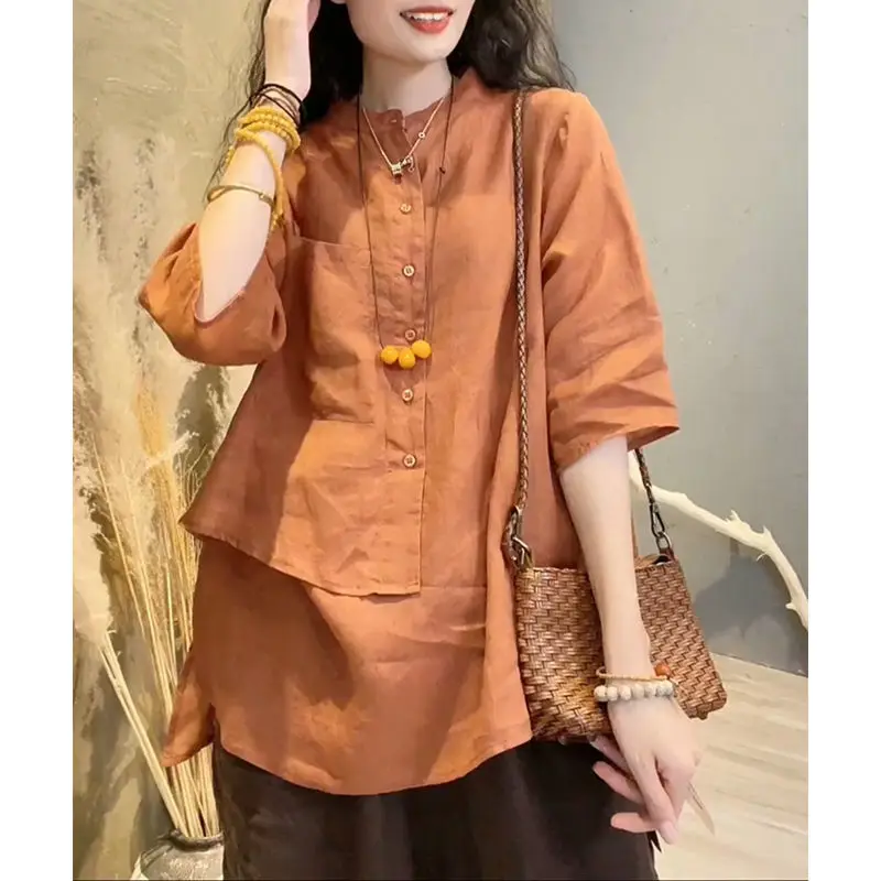 레트로 헴프 셔츠 여성 비대칭 린넨 탑 얇은 루즈핏 일반 소매 길이 순색 출퇴근 스타일 여름 셔츠