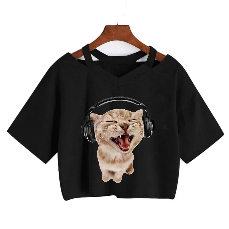 Ulzzang Aesthetic Crop Top Y2k 90s Funny Cute Cat T Shirt Women Shirt Harajuku Graphic T-shirt 90s Tshirt Top Tee Female Cropped