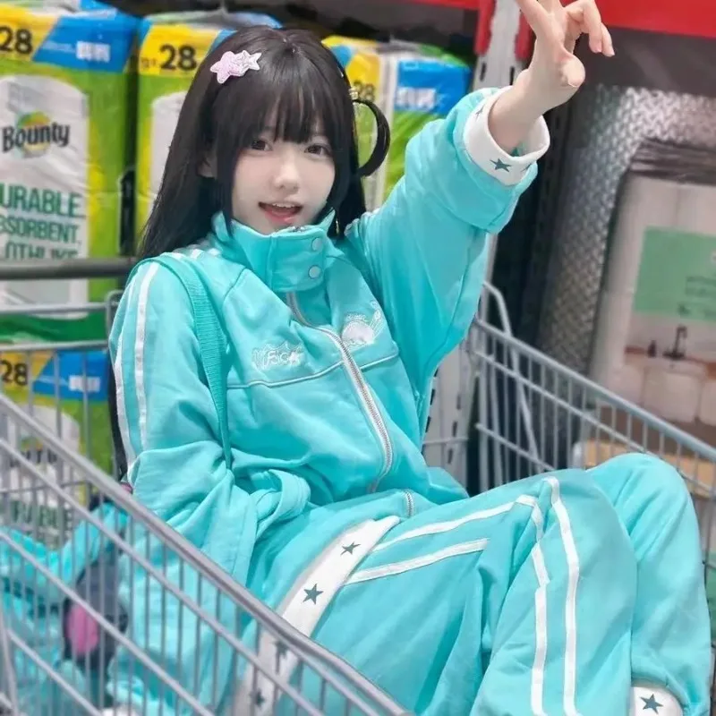 

Повседневная Толстовка с воротником-стойкой и вышивкой, верхняя одежда большого размера с изображением звезд, Y2k, топы, высококачественные спортивные женские аниме