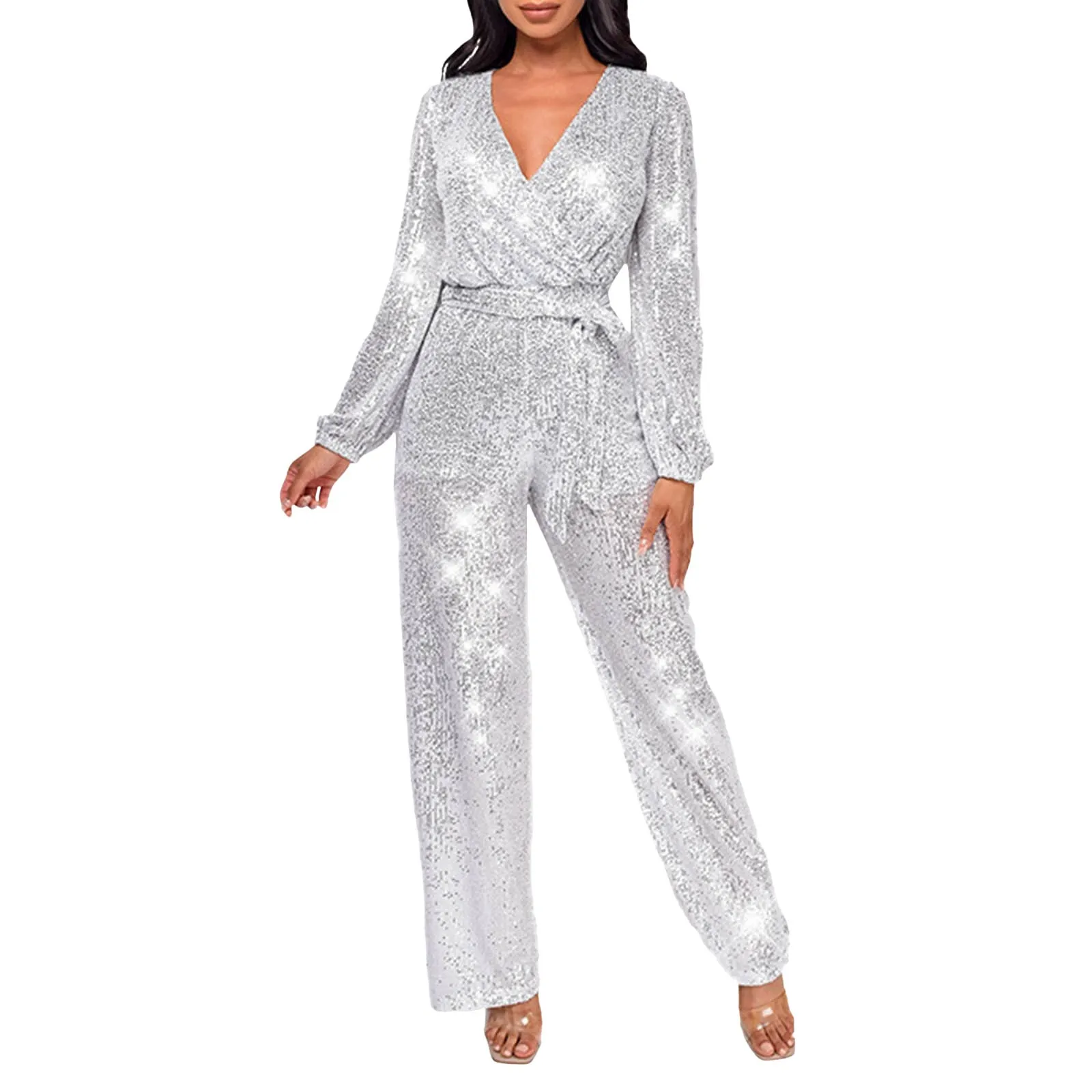 Gold Sequins Women Jumpsuit Casual Long Sleeve V Neck Jumpsuit With Belt Straight Evening Party Wear Female Jumpsuit Overalls