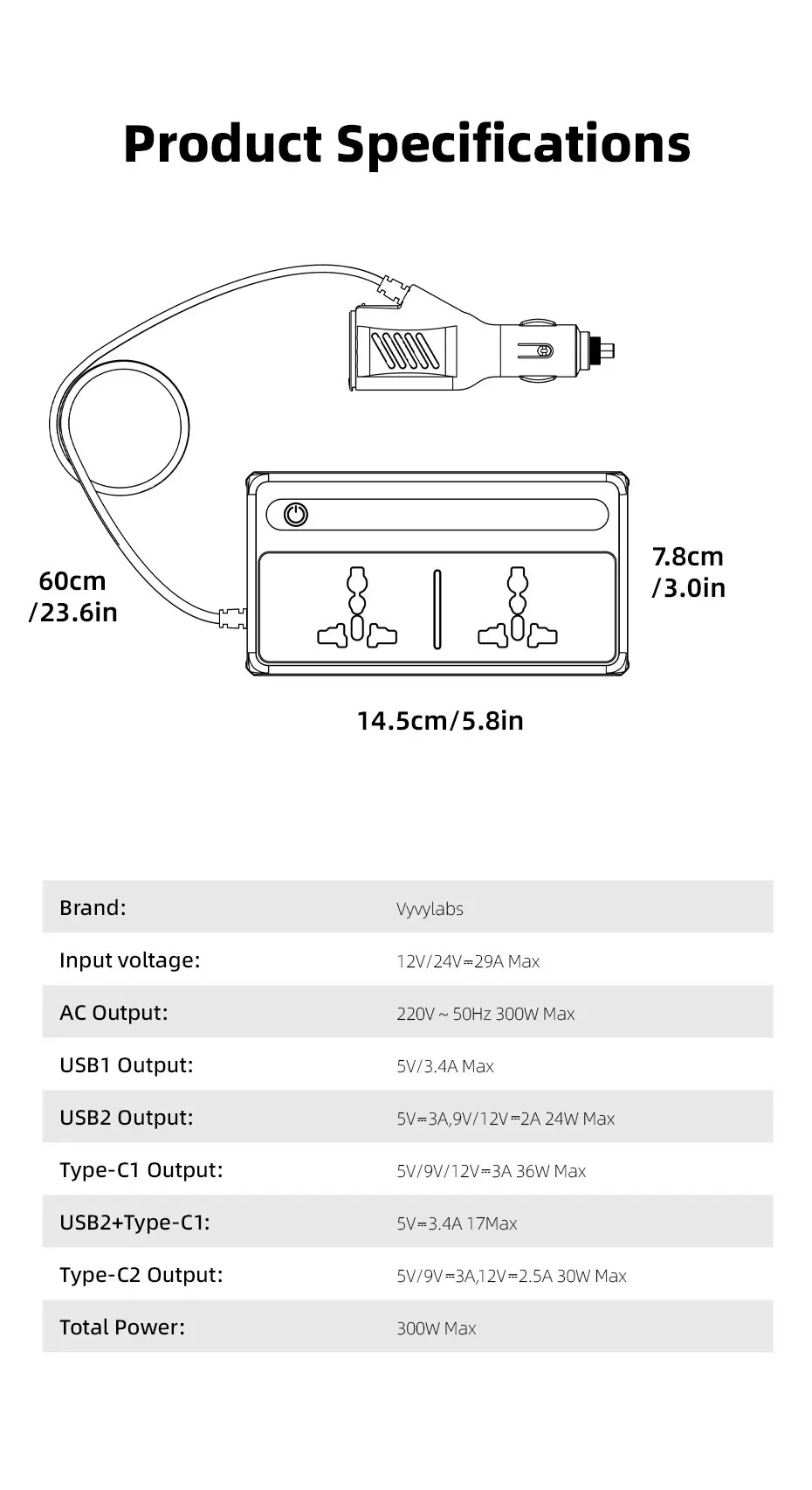 Vyvylabs 200W Auto-Stromwechselrichter 12V DC zu 220V AC Konverter Auto-Stromadapter Typ C USB Schnell-Ladestation Auto-Zubehör – Detail 11