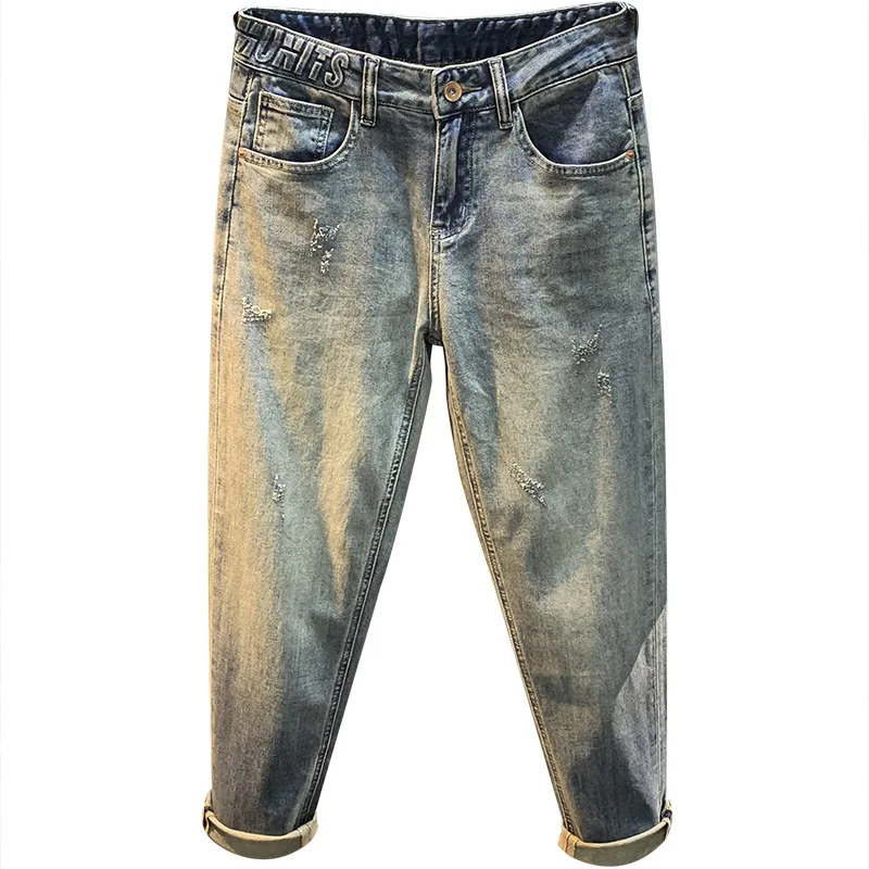 Men's American Jeans2024Summer Thin Retro Trendy Pencil Pants Printing2Slim Stretch Long Skinny Pants