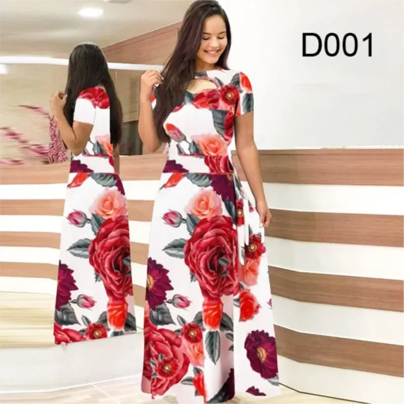 

Elegant Spring Women's Dress Casual Fashion Floral Print Short Sleeve Super Long Dress New Fashion Hollow Out Long Dresses