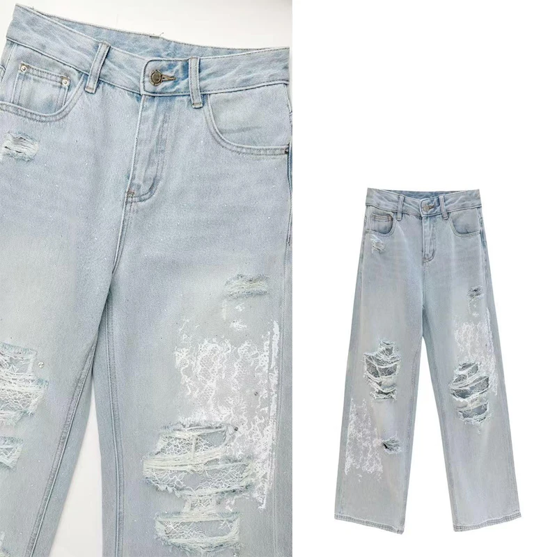 

Весенние новые модные повседневные прямые джинсы с кружевом, женские широкие брюки с высокой талией, удобная посадка, издание