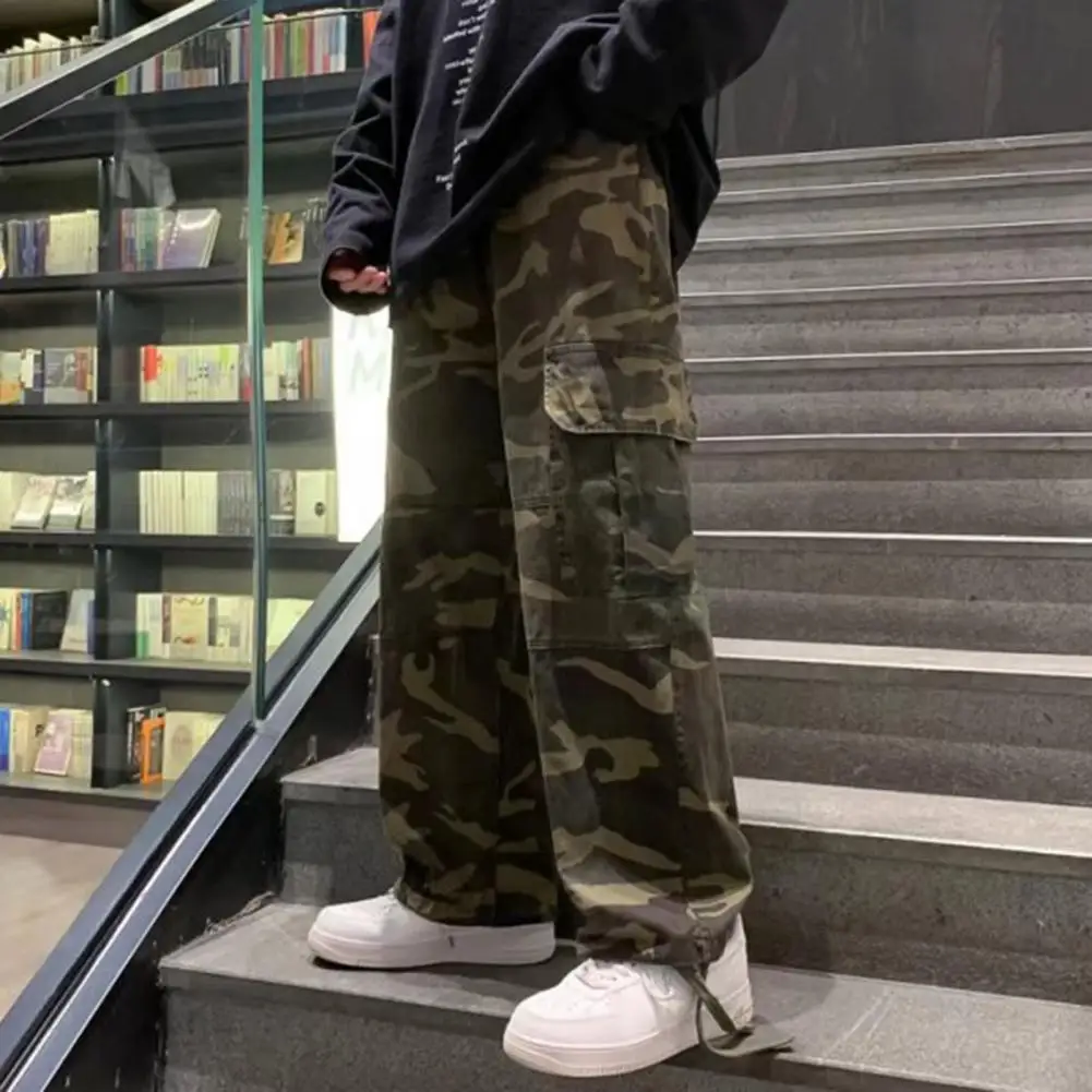 

Men Baggy Pants Camouflage Multiple Pockets Elastic Waist Ankle Tied Streetwear Spring Autumn Hip Hop Loose Trouser for Sports