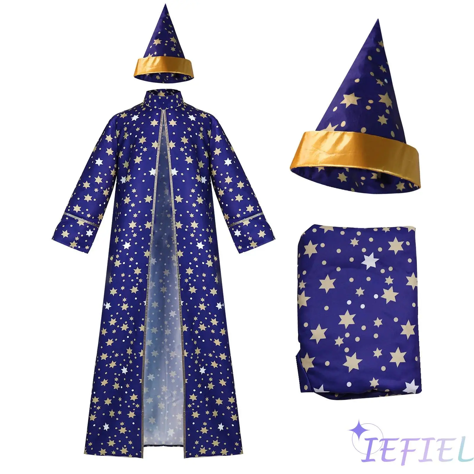 

Комплект костюма ведьмы-волшебника унисекс с халатом с принтом звезд и подходящей шляпой из дышащей ткани для рождественских мероприятий на Хэллоуин