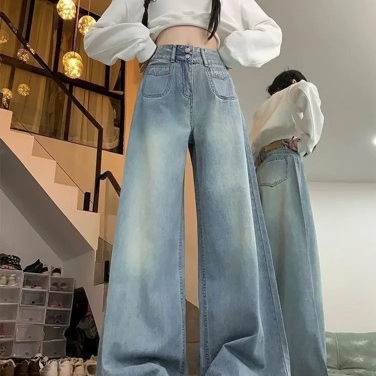 

Summer New Light Blue American Style Wide-Leg Long Jeans, High-Waisted, Loose Fit, Double-Button Design, Spring and Autumn Style