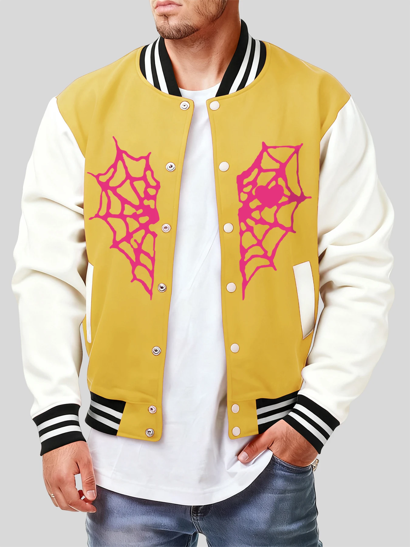 

Мужская куртка с принтом «Паутина» Pink Love в стиле хип-хоп Y2K, мужская одежда, флисовый бейсбольный трикотаж для творчества, уличная мода, повседневная одежда