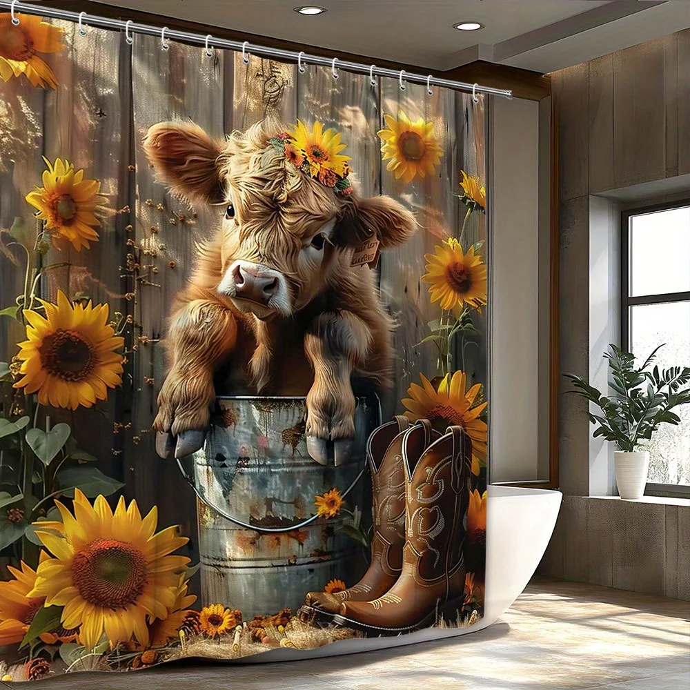 Cute Highland Cow Shower Curtain Baby Calf in Bucket Sunflower Print Waterproof Fabric Bathroom Curtains with Hooks Farmhouse