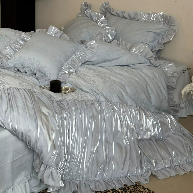 Dream Blue Coast | French Bedroom Romantic Jacquard All Cotton Long Staple Cotton 4-piece Set Gilded Yarn Ruffled Bedding