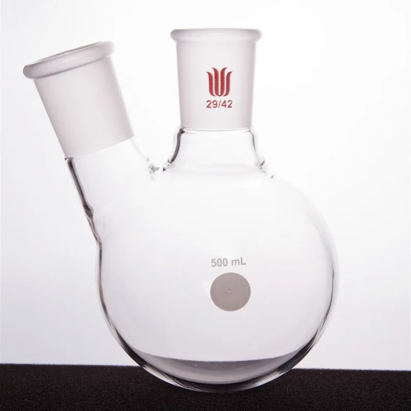 SYNTHWARE Thick walled slanted two necked bottle, Two-necked flask oblique shape, Capacity 500mL, Borosilicate glass, F41