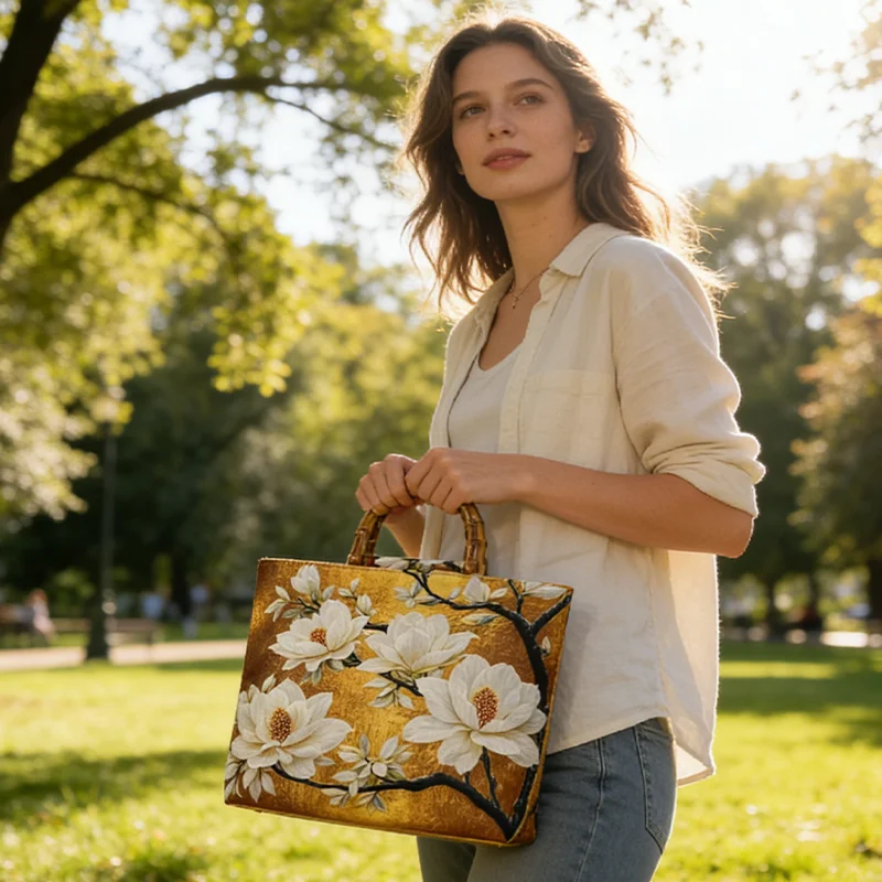 Magnolia-Ölgemälde-Tragetasche für Damen, Handtasche mit Bambusimitat-Griff und großem Fassungsvermögen, für Pendeln und Einkaufen, tägliche Reisen – Detail 4