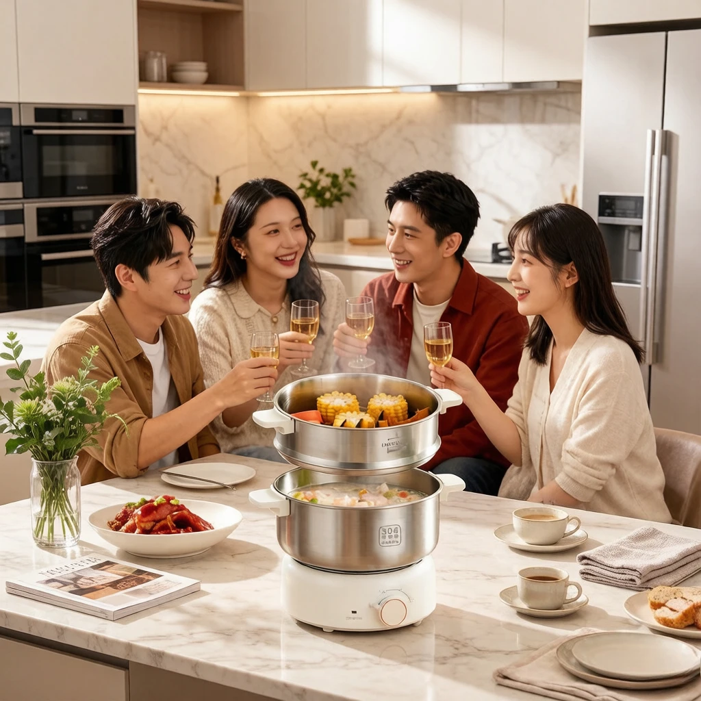 2L 0-Coating Stainless Steel Electric Cooker, Detachable Mini Pot with Steamer, 1-2 Person Steaming Boiling Multi-Function Home