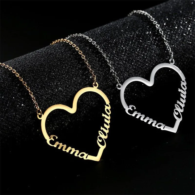 Customized Fashion Jewelry for Necklace Stainless Steel Custom Two Names Love Shaped Pendant Necklace Valentine's Day Gift