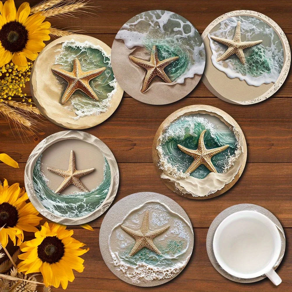 4in Exquisite Wave Starfish Theme 2D Wooden Coaster Summer Wave Coffee Shop Decoration Family Kitchen Tableware Beachfront Hotel