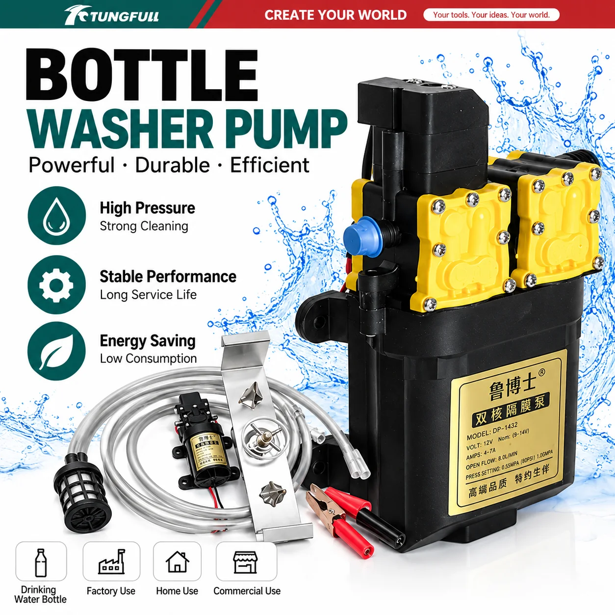 TUNGFULL Bottle Washer Pump Electric Diaphragm Water Pump Self Priming High Pressure Pump for Bottle Cleaning Washing