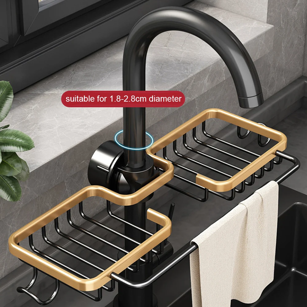 Soap Drainer Shelf Basket Organizer Double Slot Space Aluminum Sink Drain Rack Sponge Storage Faucet Holder