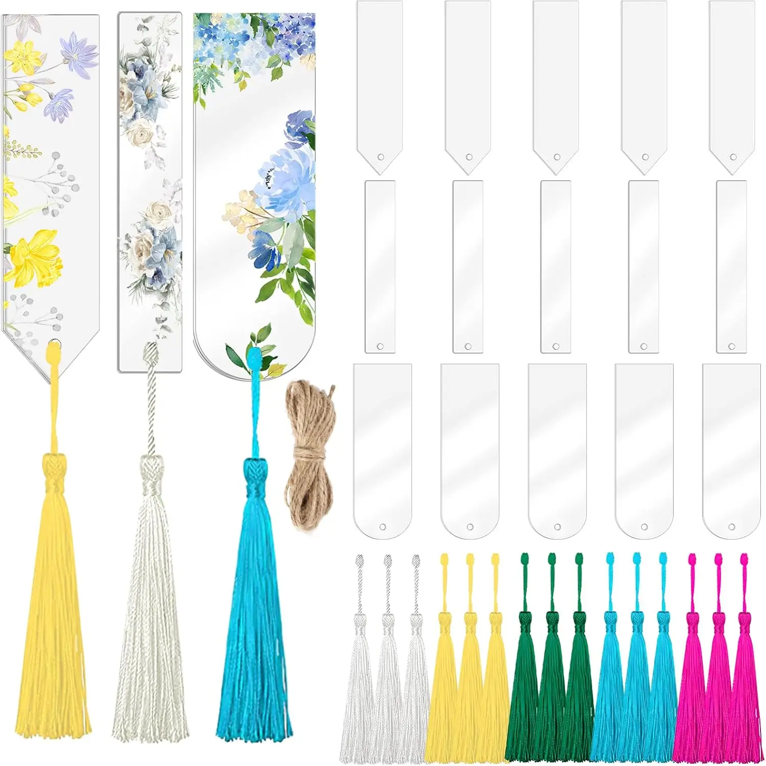 10/50 PCS Blank Acrylic Bookmark Set Craft Clear Acrylic Decorative Bookmark with Mini Bookmark Fringe for Decor and Gift Tags