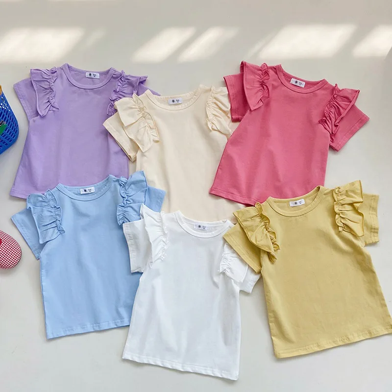 Mädchen-T-Shirt aus Baumwolle mit Rundhalsausschnitt, Rüschenärmeln, einfarbig, weiß, niedliche, lässige, süße Alltagstops für Kinder