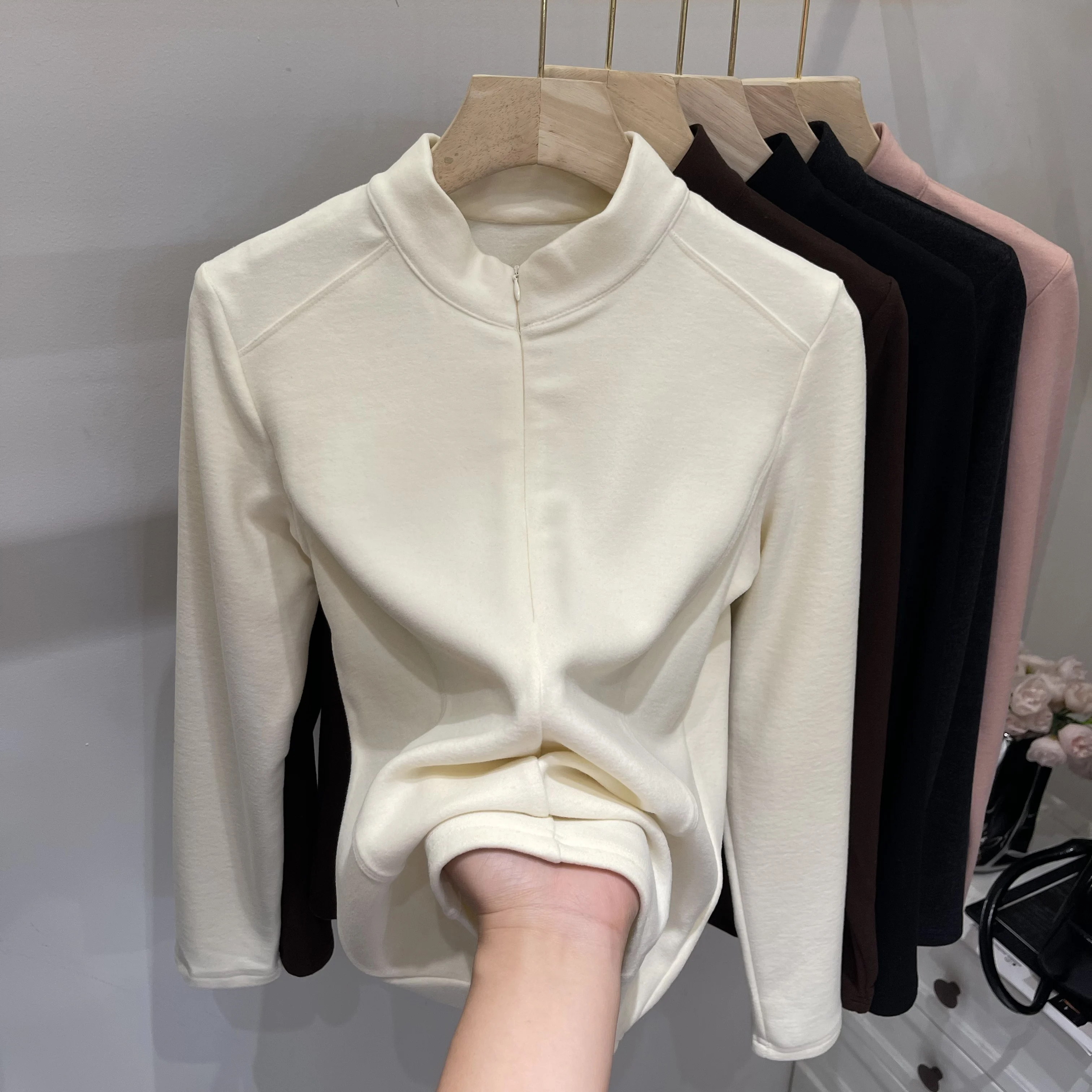 Women Autumn Winter T Shirt Stand Collar Patchwork Half Zip Long Sleeve Thin Fleece Slim Fit Elegant Skin Friendly Top