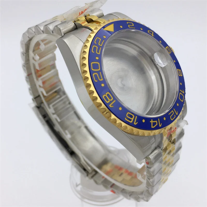 เคสไพลินสีทองเงิน40มม. ฝาเซรามิคสีฟ้าเหมาะสำหรับ NH34 NH35 ETA2824 NH36 PT5000 DG2813การเคลื่อนไหวของ Miyota