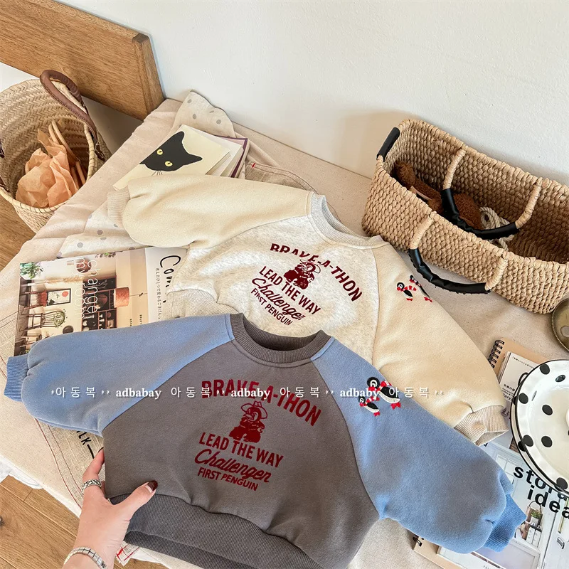 2023 Winter Nieuwe Baby Fleece Sweatshirts Met Lange Mouwen Katoenen Baby Plus Fluwelen Dikke Casual Dieptepunt Shirt Peuter Warme Tops