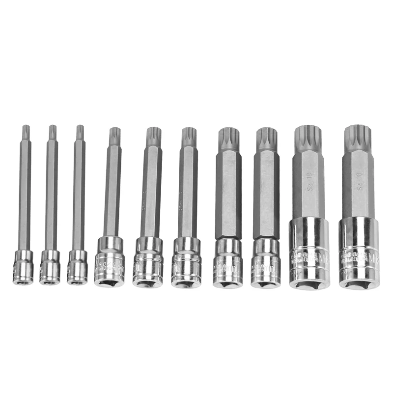 10 Piece 4 Inch Spline Tip Bit Socket Set M-Type Universal Sleeve M4-M18 Triple Square Spline Bit Socket Set