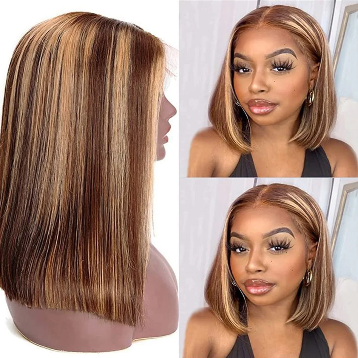 

Короткие прямые парики-боб с цветными прядями 4/27, парики с кружевной вставкой 4x4, бразильские парики из натуральных волос, глубокие кудри, омбре, цвет имбирь