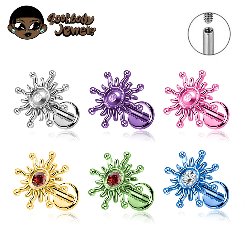ASTM F136 Titanium Sun Lab Star Brinco de cartilagem com parte traseira plana Rosca interna Lab Helix Tragus Anodização Anel labial novo