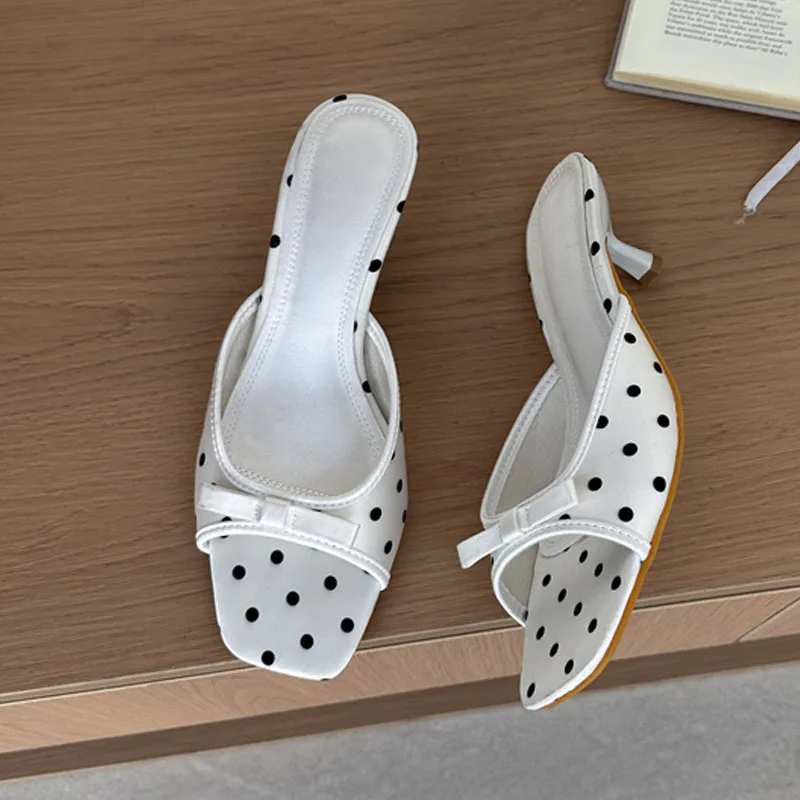 Eilyken High Quality Satin Polka Dot Square Toe Women Slippers Fashion Thin Low Heels Sandals Casual Party Dress Shoes - view 4