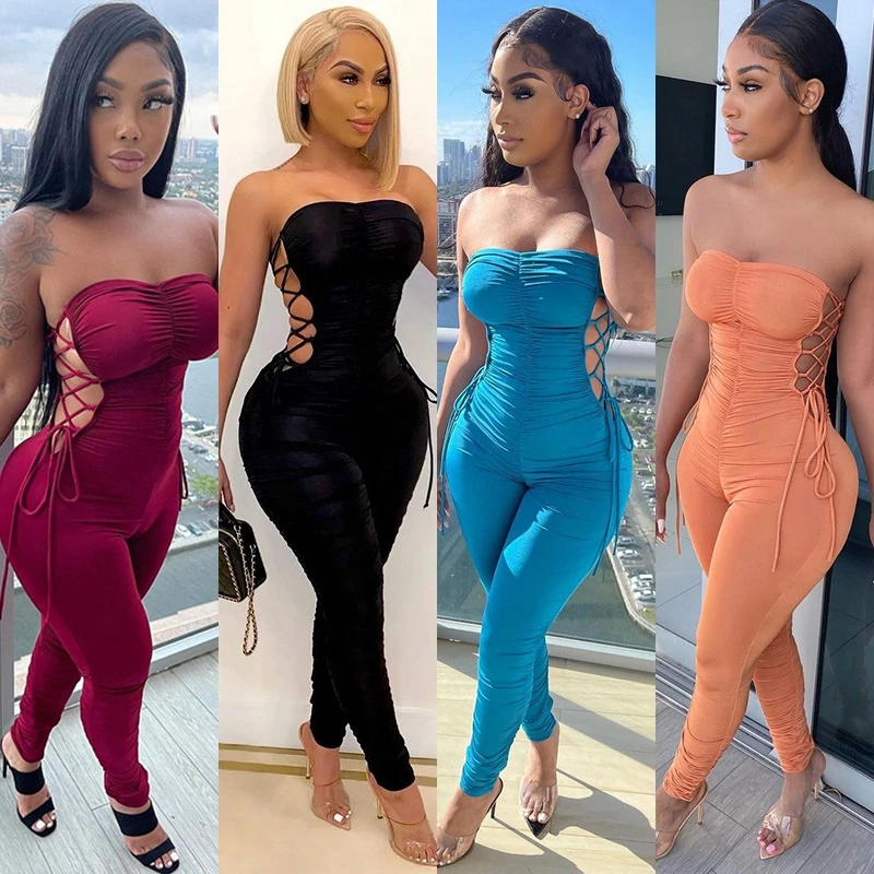 Clubwear Sexy Bodycon Jumpsuit Summer Outfits Lace Up Backless Jumpsuits for Women 2022 Party Night Club Rompers Womens Jumpsuit