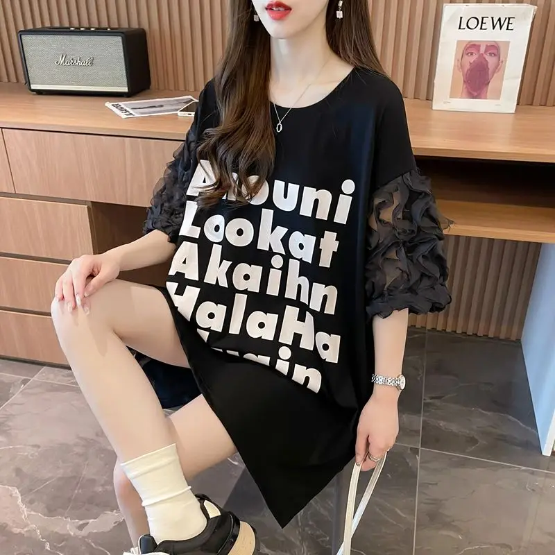 Cotton Patchwork Net Yarn Ladies Young Style Pullovers Women's Clothing Summer O-neck Tops Straight All-match Casual T-Shirts