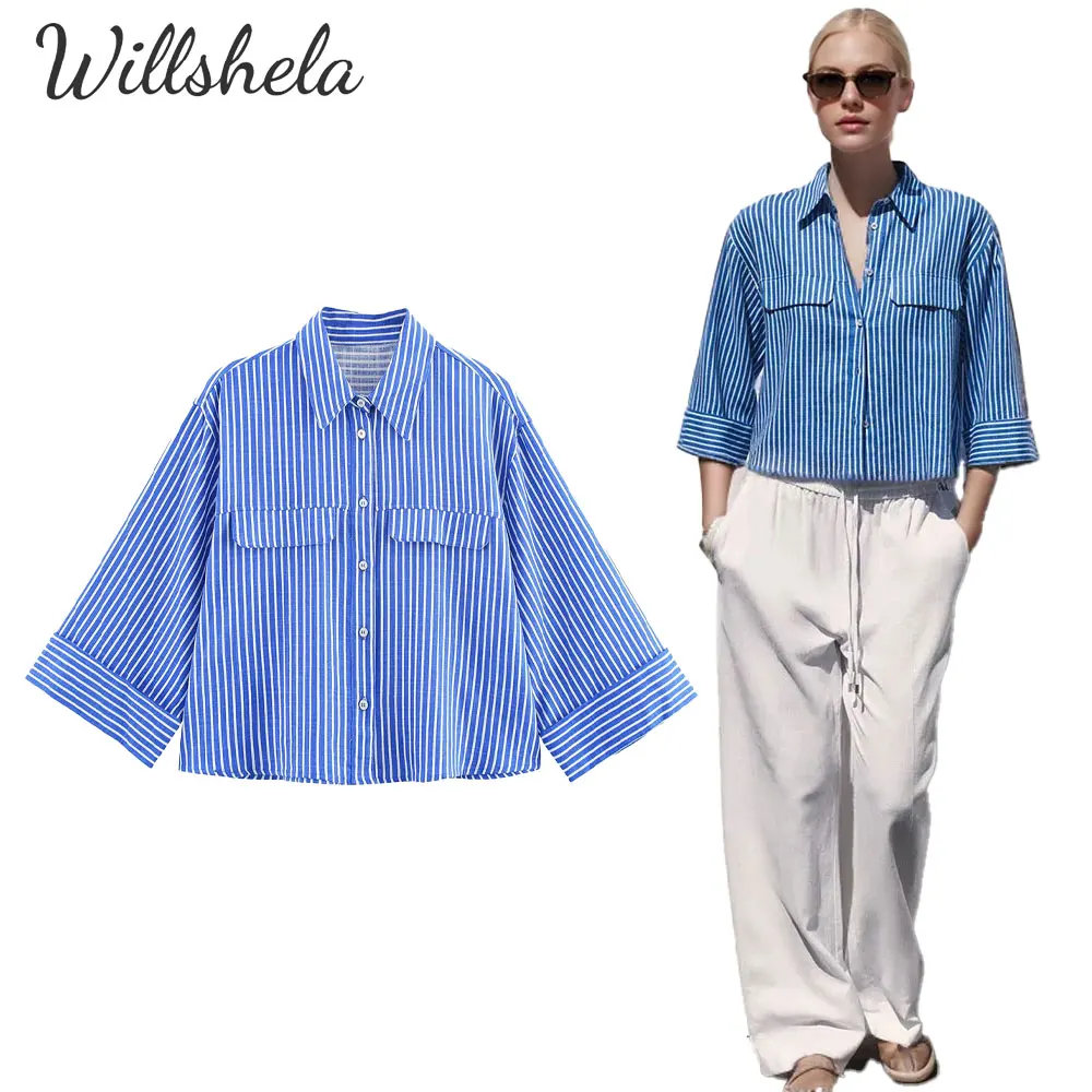 

Willshela Women Fashion Linen Loose Striped Cropped Shirt Lapel Collar Three Quarter Sleeves Female Chic Lady Casual Tops Blouse