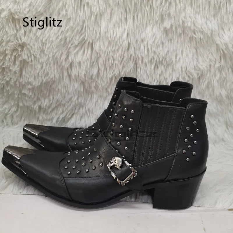 Men's Belt Buckle Rivet Slip On Ankle Boots with Heels Metal Toe Genuine Leather Boots for Men Business Dress Wedding Shoes