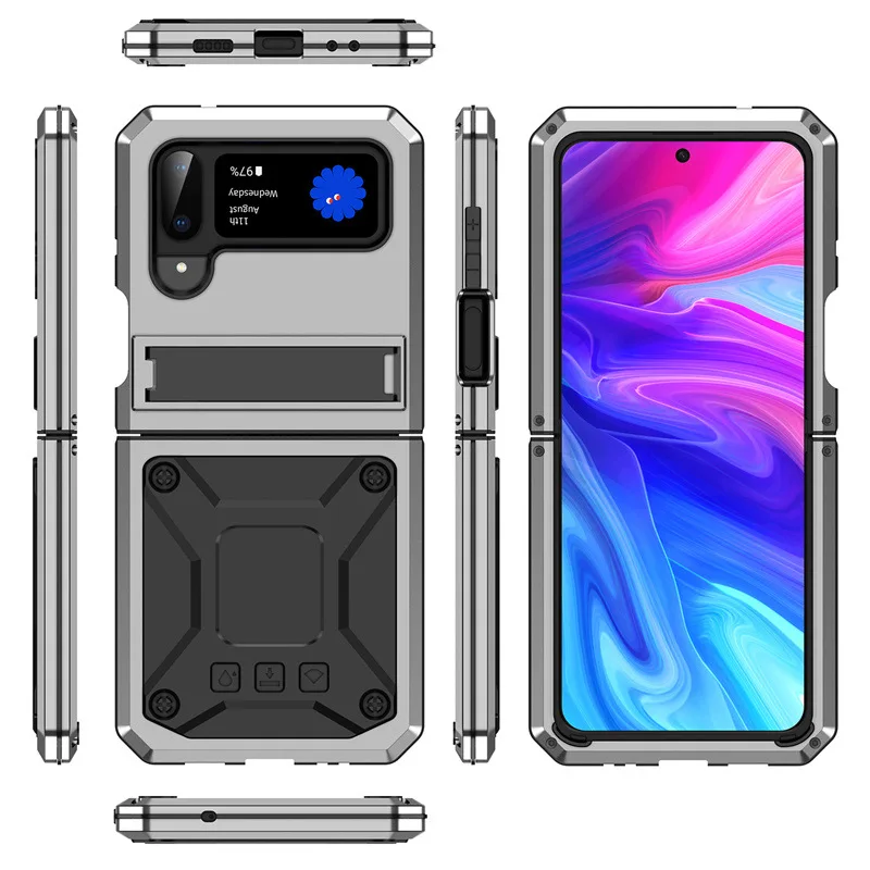 

Luxury Metal Heavy Duty Armor Bracket Protection Cover For Samsung Galaxy Z Flip 4 3 5G Case Shockproof Folding Stand Back Funda