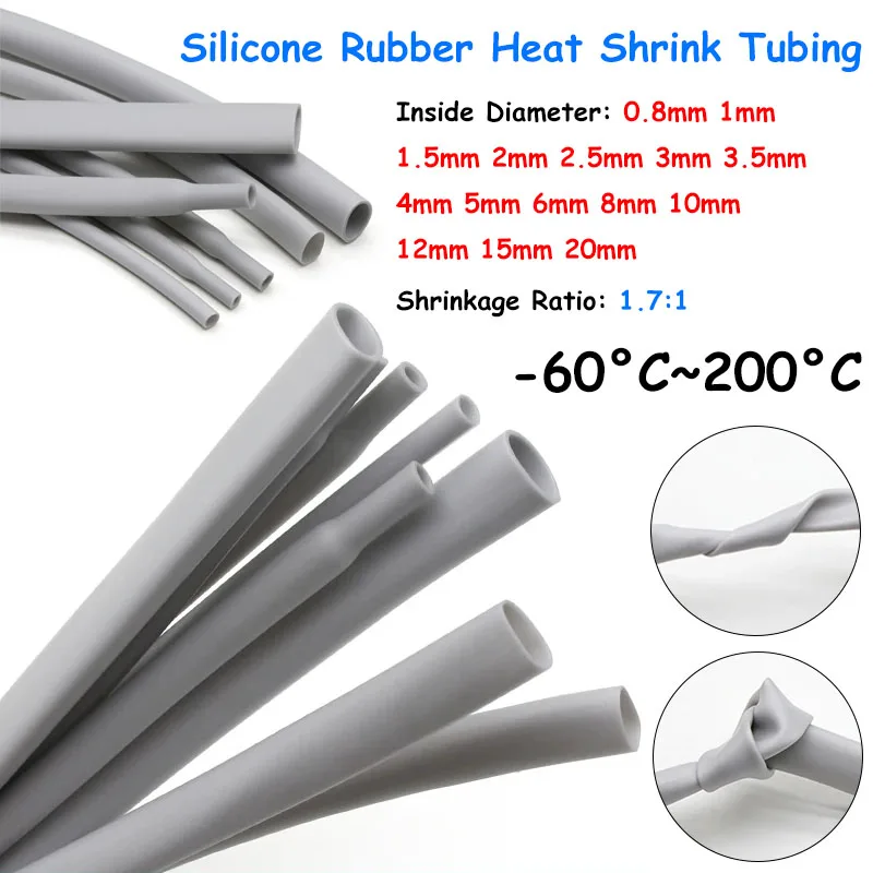 

1/2/5Meters Inside Diameter 0.8mm-20mm 1.7:1 Gray Flexible Silicone Rubber Heat Shrink Tubing High Temperature Resistance 200°C