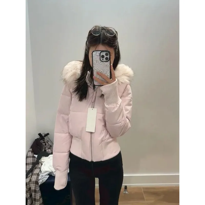 Gentle wind pink fur collar hooded cotton coat for women winter new Korean style thickened and warm short waisted cotton