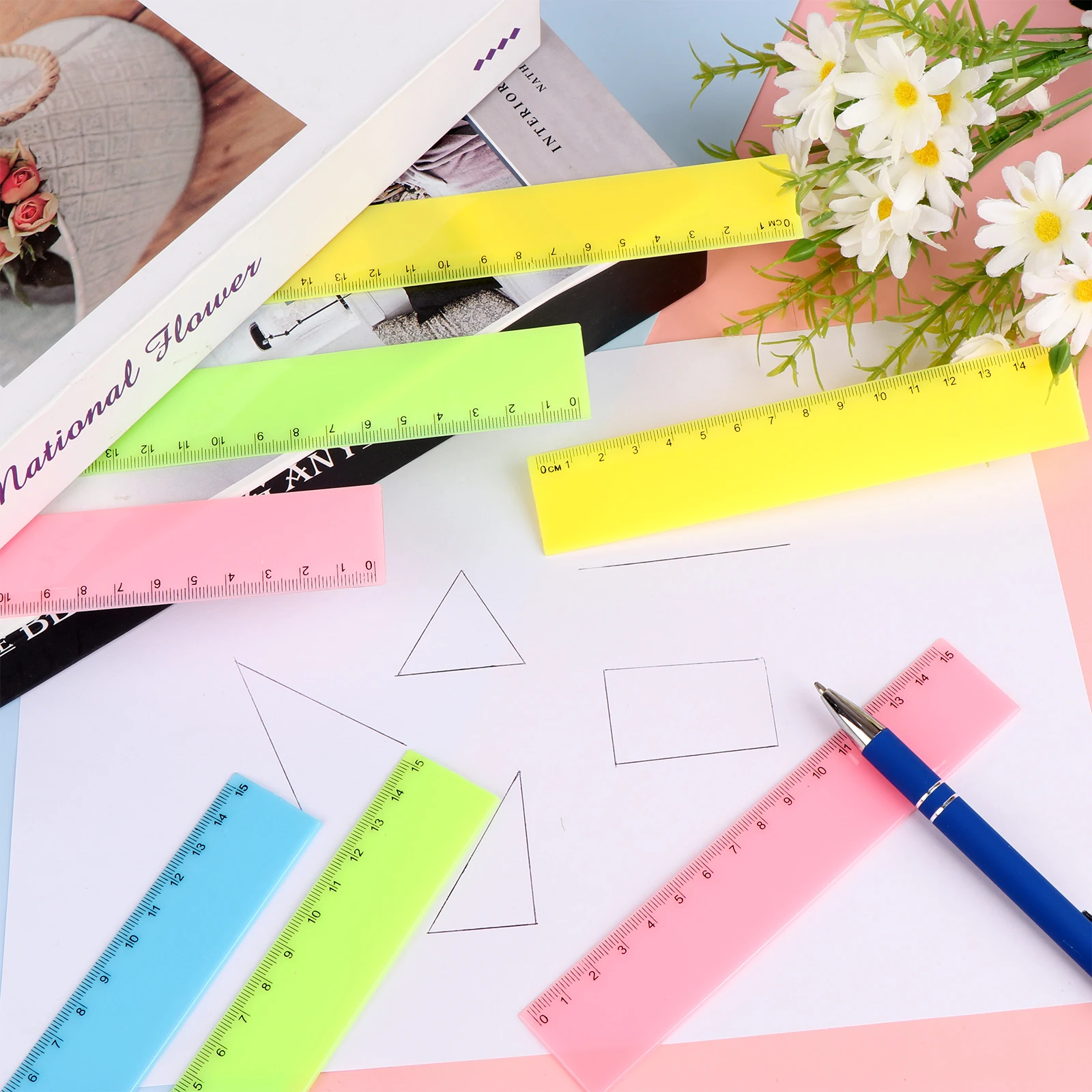 24 Pcs Plastic Rulers,6 Inch Clear Straight Ruler Colored Safety Ruler 0-15cm Kids School Rulers