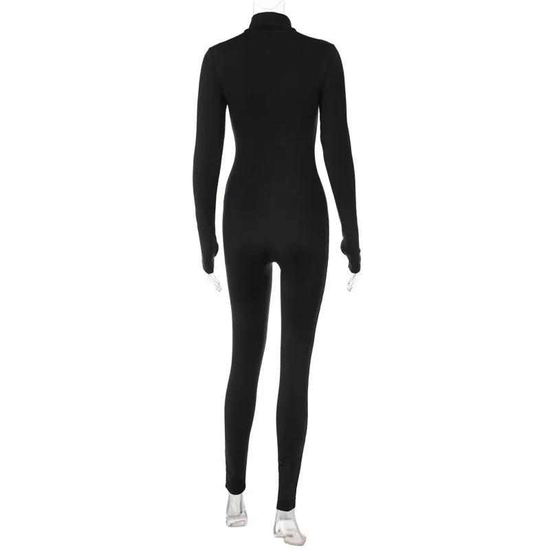 Y2K Halb-Reißverschluss-Jumpsuit mit hohem Kragen, langärmliger, figurbetonter, dehnbarer, eng anliegender Einteiler – Detail 12