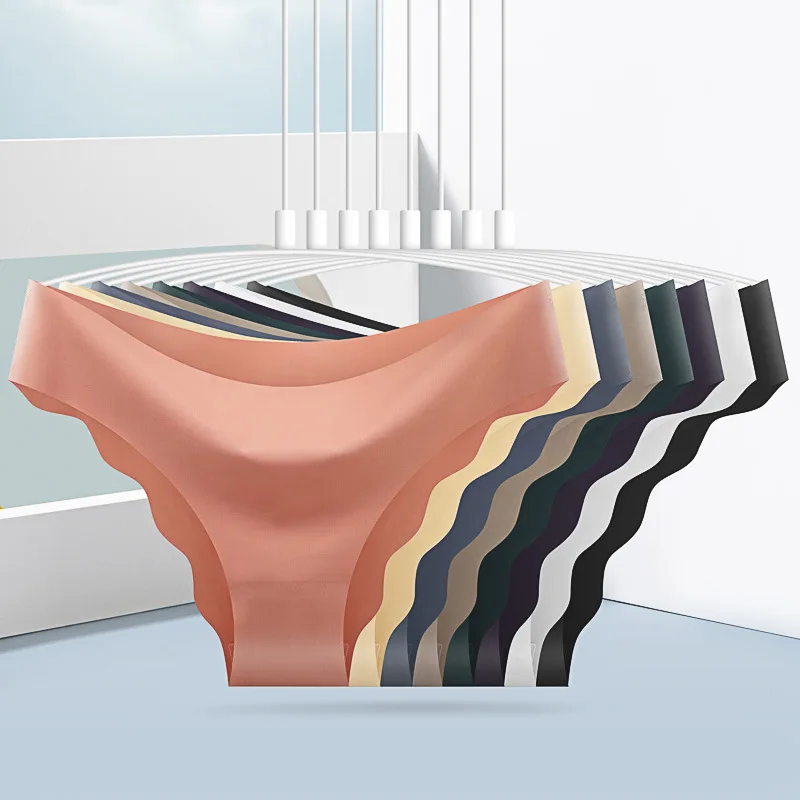 

【Find a Factory】Троскордонные европейские и американские бесшовные трусики из ледяного шелка, женские однотонные цельные треугольные трусики с волнистыми краями Br