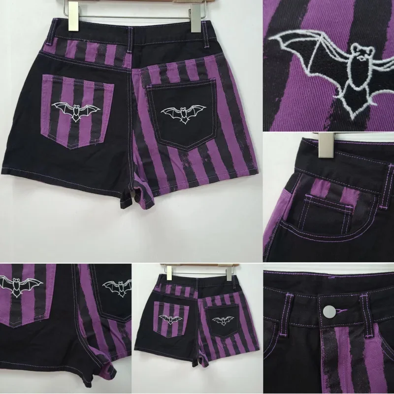 

Bat Embroidery Jeans Girl American High Waisted Cowboy Shorts For Women Summer Big Wide Legs Black Purple Splicing Hot Pants New