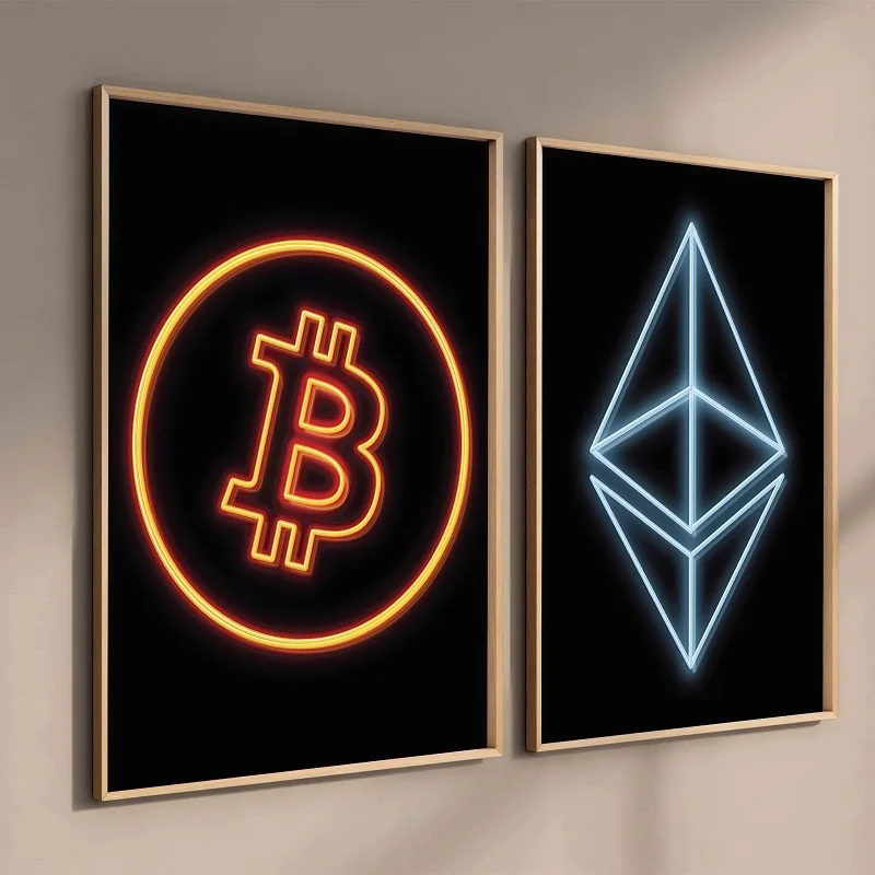 Modern Neon Effect Bitcoin Ethereum ETH BTC Poster Prints Virtual Coin Sign Canvas Painting Wall Art Picture for Room Home Decor