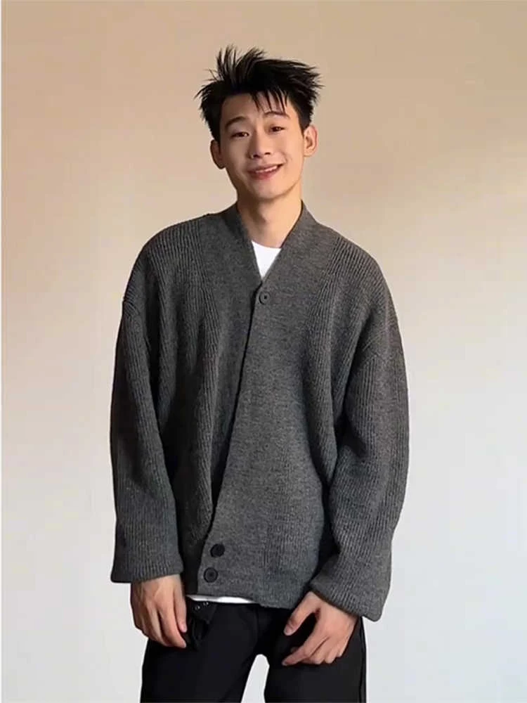 

Мужской вязаный свитер с V-образным вырезом, осенне-зимний, свободного кроя, повседневный, с длинным рукавом, в американском стиле, для отдыха, верхняя одежда